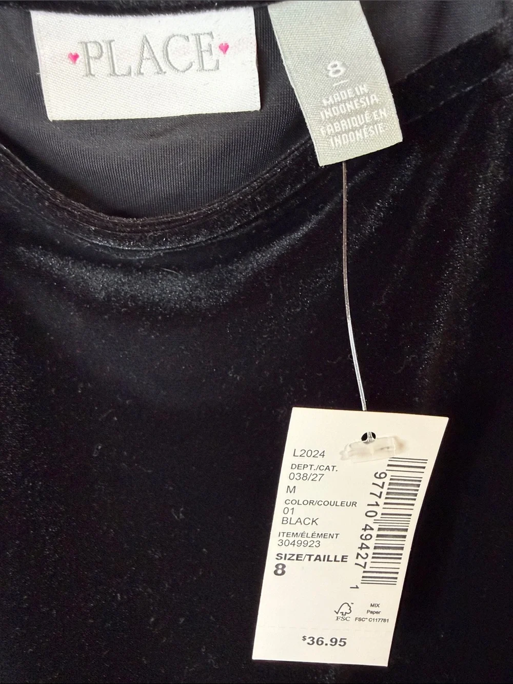 NWT The Children’s Place Black Velvet Dress Sheer Puff Sleeves Girls Size 8